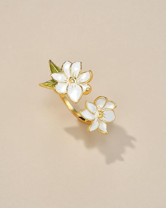Gold Rose Pink Enamel Floral CZ FULLY ADJUSTABLE Statement Open Ring for Women by SNGIA, Daisy Orchid Flower Leaf Summer Beach Handmade Unique Pinky Band, Chunky Sunflower Stackable Cute Cuff Cocktail Ring Birthday Gift, Natural Bold Exaggerated Irregu...