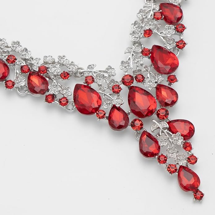 Bridal Bridesmaid Austrian Crystal Jewelry Set, Floarl rhinestone Statement Neckace Teardrop Necklace Drop Dangle Earrings Set