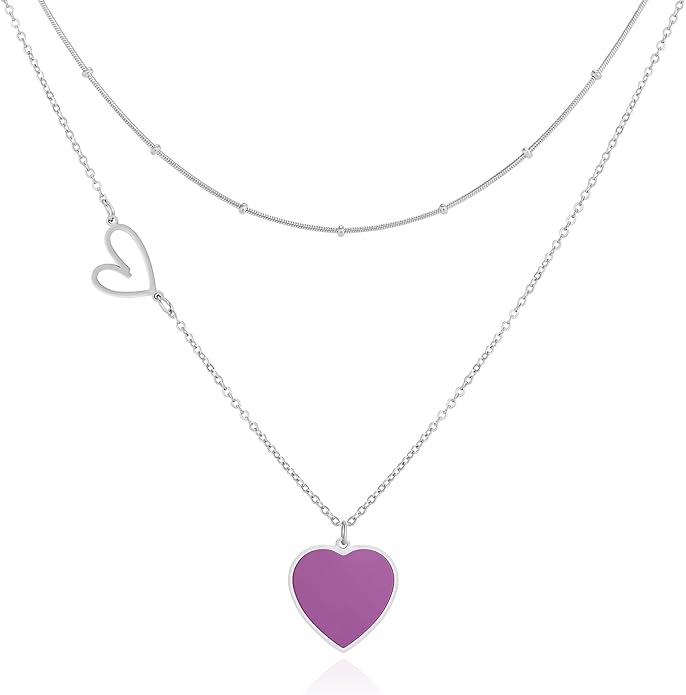 Linawe Layered Choker Heart Pendant Necklace for Women Trendy, Gold/Silver/Rose Gold Chain Stainless Steel Stacked Necklaces, Double Heart Necklace Y2K Preppy Jewelry