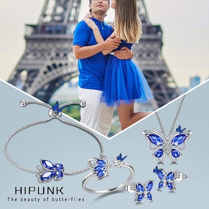925 Sterling Silver Birthstone Butterfly Jewelry Women Crystal Animal Cute Butterflies Birthday Necklace/Earring/Ring/Bracelet Sets Birth Stone Statement Anniversary Jewellery