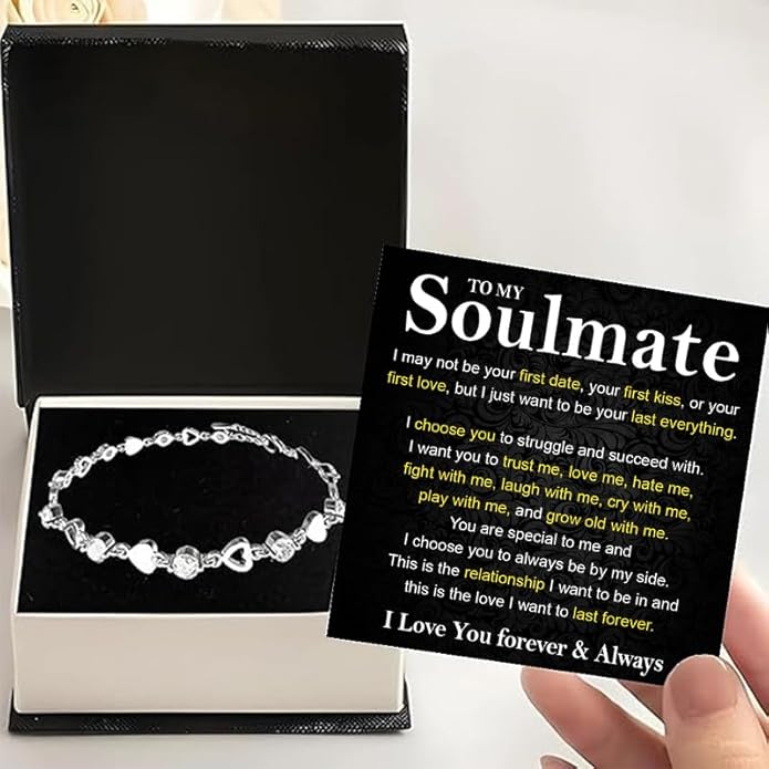 To My Soulmate Bracelet for Women, Heart Chain Bracelet with Shiny Stones, Perfect Birthday or Anniversary Christmas Gift for Soulmate with Message Card and Gift Box