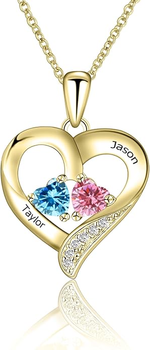 MissNaNa Sterling Silver Personalized 2 Names Heart Necklace with 2 Birthstone Couple I Love You Heart Pendant Necklace Jewelry Gift for Her Wife Girlfriend Mom