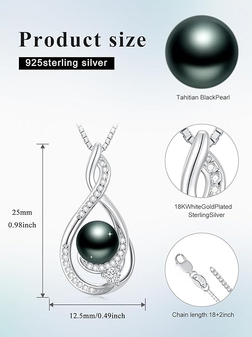 Tahitian Black Pearl 18K White Gold Plated Sterling Silver Heart/Infinity/Four Leaf Clover Pendant Necklace Jewelry Gifts for Women Wife Mom Girlfriend Wedding Birthday Anniversary Christmas