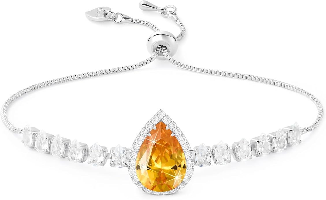 Linawe Crystal Imitation Diamond Rhinestone Charm Bracelets for Women, Gold/Silver/Rose Gold Adjustable Chain Bracelet, Teardrop Birthstone Cubic Zirconia Prom Costume Wedding Jewelry