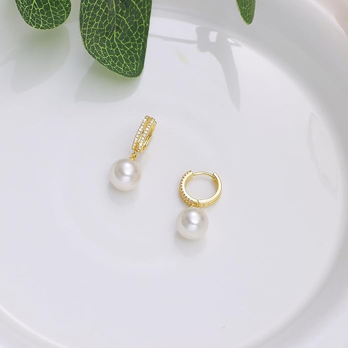Pearl Earrings for Women 14K Gold Plated Hypoallergenic Pearl Earrings 5A Cubic Zirconia Dangle Earrings Elegant Jewelry