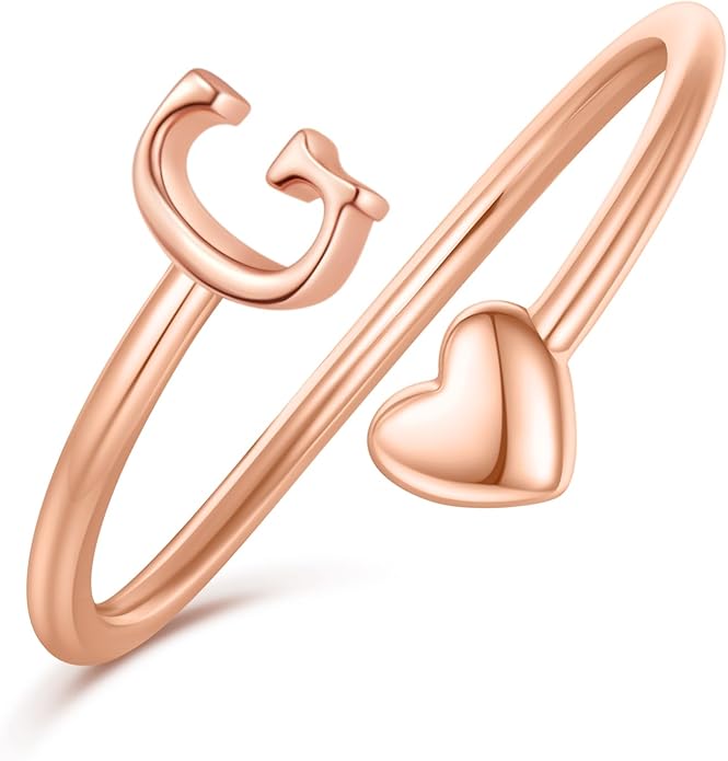 Initial Rings for Women Girls - Valentines Day Gifts for Her, Adjustable Rings for Women Non Tarnish Letter A-Z Dainty Heart Ring Teen Girls Gifts Trendy Stuff Personalized Jewelry Gift