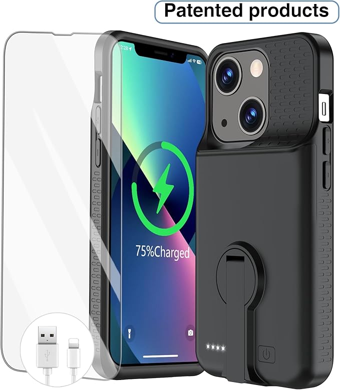 Battery Case for iPhone 13/13 Pro/14/14 Pro Charging Case with Stand 7000mAh Rechargeable Ultra-Slim Anti-Fall Protection Extended Charger Cover for iPhone 14/14Pro/13/13 Pro Battery Case 6.1" Black