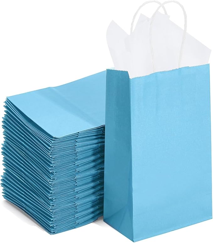 DjinnGlory 100 Pack Small Sized Blue Paper Bags with Handles Bulk for Merchandises, Christmas Gifts, Baby Blue Party Goodie Bags for Birthdays, Baby Showers, Weddings, 9x5.5x3.15 Inch
