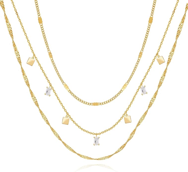 Layered Necklaces for Women, Dainty Gold Necklace Stack 14k Gold Plated Layering Cubic Zirconia Choker Necklaces for Women Trendy Simple Layered Gold Necklace Set Fashion Jewelry
