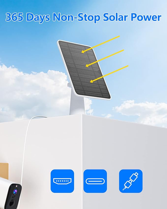 Solar Panel for Security Camera, 5W USB Solar Panel for DC 5V Security Camera, Micro USB & USB-C Port Solar Panel, IP65 Waterproof Solar Charger for Camera,360° Adjustable Mounting 13ft Cable, 4 Pack