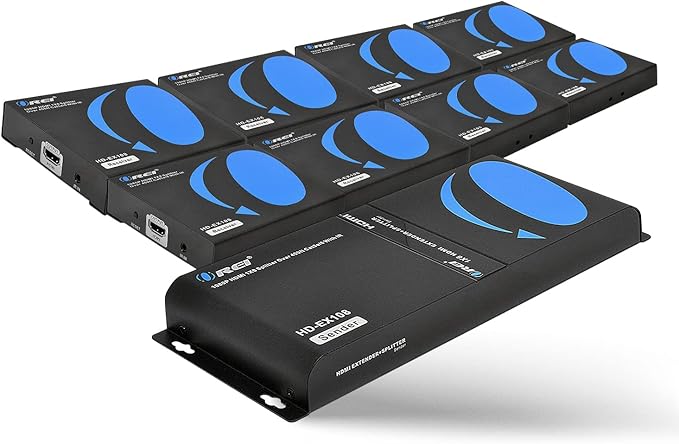 OREI 1080P 1x8 HDMI over Ethernet Extender Splitter CAT6/7 Over Cable Full HD with IR Remote EDID Management - Up to 400 Ft - Low Latency - Full Support, 1x8 upto 395 FT (HD-EX108)