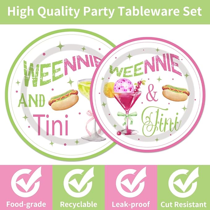 96Pcs Martini Party Decoration Disposable Tableware Set - Weenies and Tini Paper Plates Napkins Forks Pink Green Martini Theme Bridal Shower Engagement Bachelorette Party Supplies Serve 24 Guests