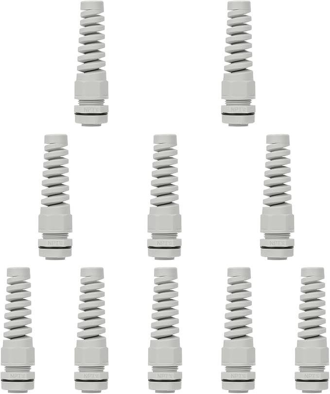 LeMotech 10Pcs NPT 1/4" IP68 Waterproof Cable Gland Flex Spiral Strain Relief Grey Nylon Joint with Gaskets for 4-8mm Wire Thread