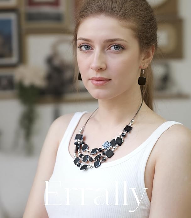 Layered Beaded Statement Necklaces for Women Square Shell Bead Collar Necklace and Earring Set Birthday Gifts Boho Jewelry Sets for Women