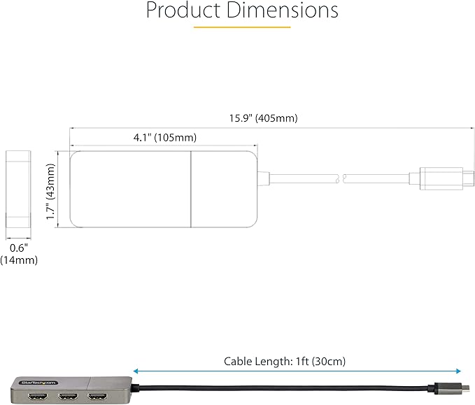 StarTech.com 3-Port USB-C Multi-Monitor Adapter, USB Type-C to 3x HDMI MST Hub, Triple 4K 60Hz HDMI Laptop Display Extender / Splitter, HDR, Extra-Long Built-In Cable, Windows (MST14CD123HD)