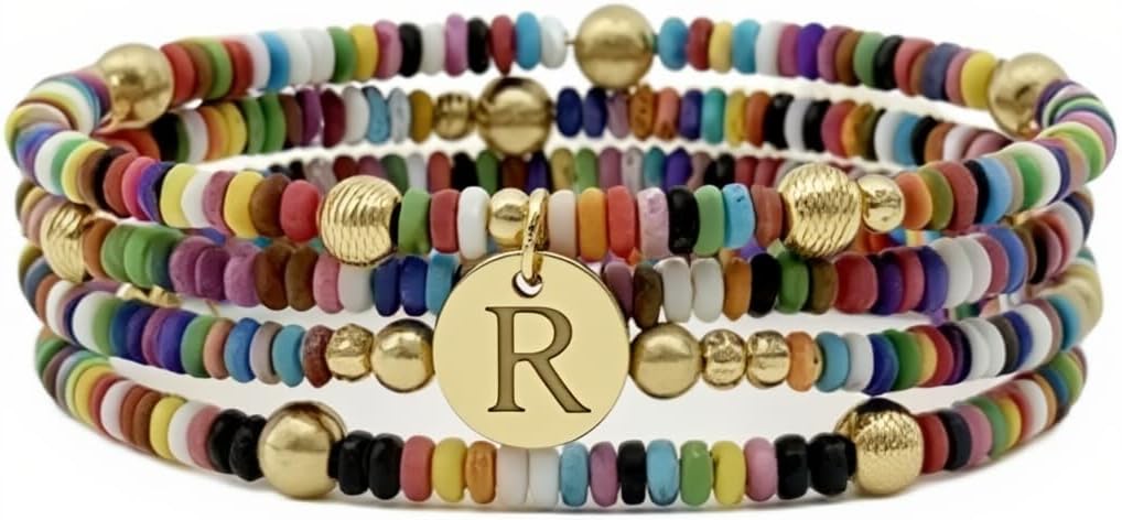 Set of 4 Colorful Bead Initial Bracelets, Personalized Stackable Jewelry, Adjustable Stretchy Charm Bracelets for Women, Beaded Bracelet Set, Trendy Custom Jewelry Gift