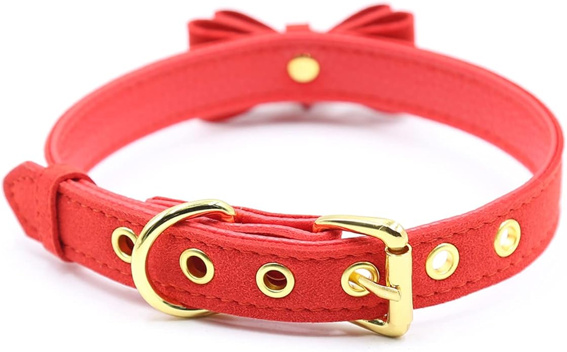 Leather Collar Necklace for Women with Bow Bell Kitty Cat and Delicate Tea flower pearl pendant Choker for Ladies Black Pink Red