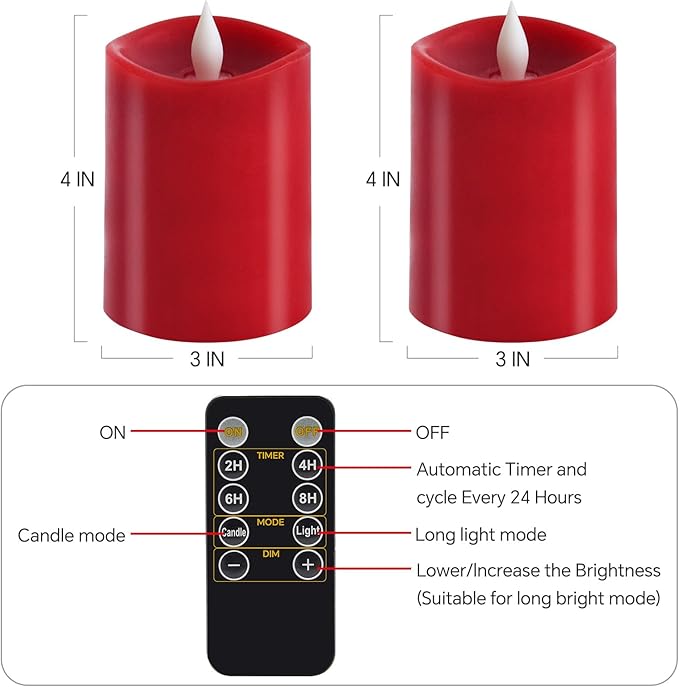 3x4 Flickering Flameless Candles Set of 2,Real Wax led Candles Flickering,with Timer,4 inch Flameless Candles with Remote,Battery Operated Candles,for Party Wedding Holiday Home Decor,Red