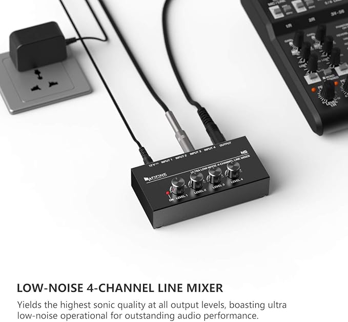 FIFINE Ultra Low-Noise 4-Channel Line Mixer for Sub-Mixing,4 Stereo Channel Mini Audio Mixer with AC adapter.Ideal for Small Club or Bar. As Microphones,Guitars,Bass,Keyboards or Stage Sub Mixer-N5
