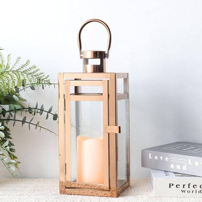 TRIROCKS Set of 2 Stainless Steel Decorative Lantern 12'' High Metal Candle Holder with Clear Glass Panels Perfect for Home Decor Living Room Parties Events Tabletop Indoors Outdoors (Rose Gold)