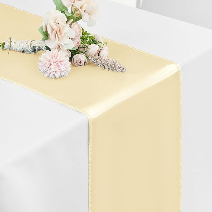 5-Pack Satin Table Runner Champagne 12 x 108 Inch Long Silk Satin Table Runners for Wedding,Graduations,Engagements,Birthday Party and Banquet Decoration（5 Pack, 12x108 Inch, Champagne）