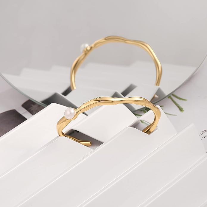 PERNNLA PEARL Dainty Gold Bar Bracelet for Women Simple Delicate Thin Cuff Bangle Hook Bracelet 18K Gold Plated Handmade Minimalist Jewelry
