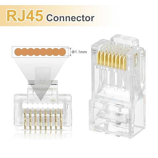 MECCANIXITY 100pcs Cat6 RJ45 Pass Through Connectors, RJ45 Connector 8P8C Gold Plated Plugs with 100pcs Black Strain Relief Boots for Solid or Stranded UTP Ethernet Cable, 1.1mm