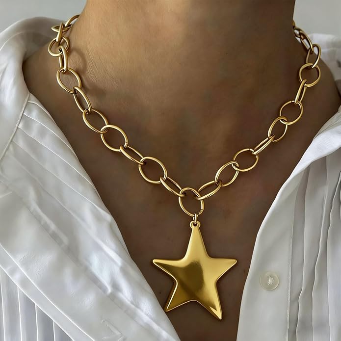 Large Star Necklace Chunky Gold Necklace for Women Trendy Silver Big Statement Necklaces Bold Thick Paperclip Necklaces OT Toggle Chunky Jewelry Holiday Christmas Jewelry Gifts Stocking Stuffers