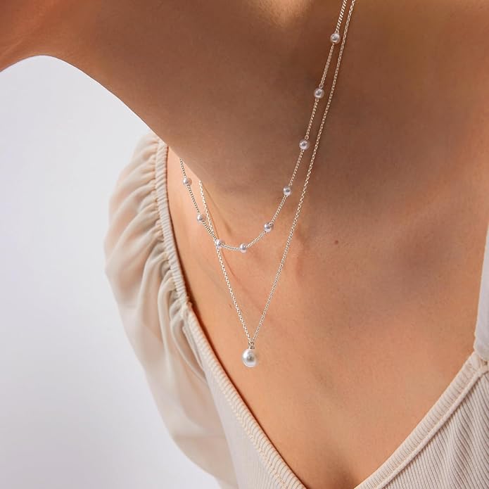 Zeffy Gold Pearl Necklace for Women, Dainty 14K Gold/Silve Plated Layered Pearl Choker Pearl Earrings Pearl Bracelets Wedding Trendy Gold Jewelry Set for Women Gifts