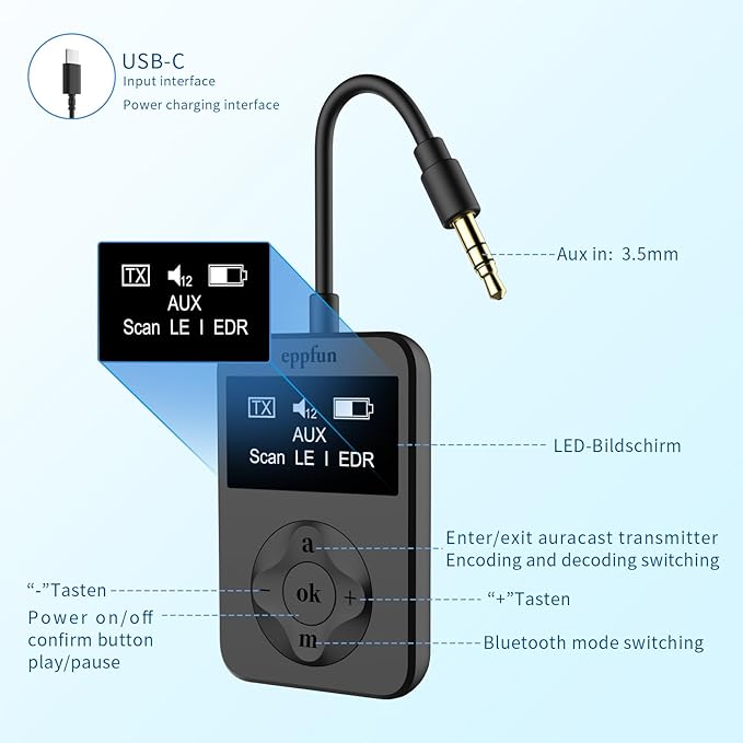 eppfun Bluetooth Auracast Transmitter, LC3, AptX Lossless, AptX HD, USBC/3.5mm Aux Inputs, Bluetooth 5.4, Qualcomm Chip, for TV, PC,Airplane,Phones