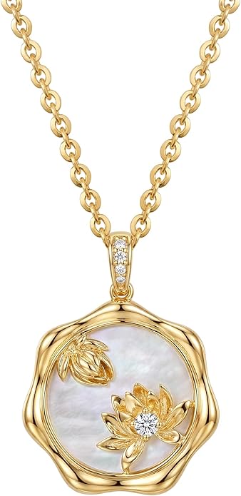 MEVECCO Birth Flower Necklace For Women 18k Gold Plated Mother Of Pearl Disc Floral Pendant Necklace Dainty 12 Birth Month Flower Handmade Personalized Jewelry Anniversary Christmas Birthday Gifts