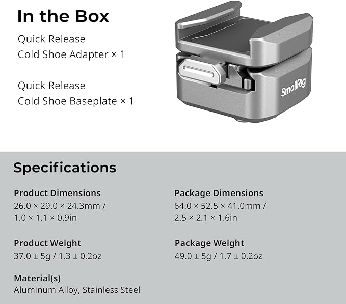 SmallRig HawkLock H18 Quick Release Support with Cold Shoe, Dual-Direction QR-Slide Cold Shoe Mount with Anti--Drop Pin & Silicone Pad, Load up to 1.8lb for LED Video Light, Microphone - 4500