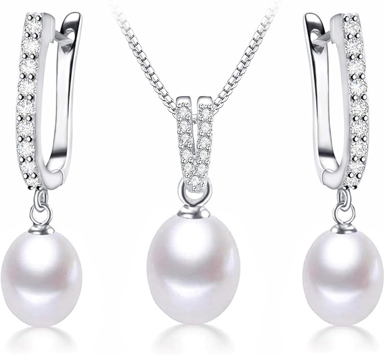 Pearl Jewelry Set For Women with Cubic Zirconia Freshwater Pearl Pendant Necklace & Earrings 925 Sterling Silver for Wedding Prom Gift