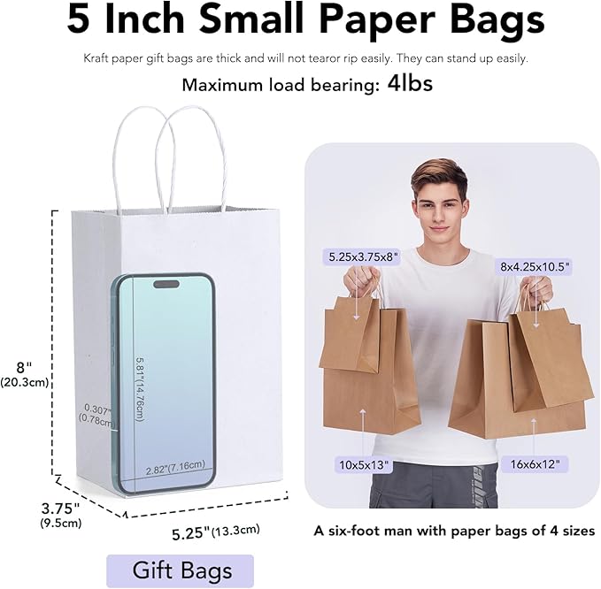 GSSUSA 100Pcs White Paper Bags, 5.25x3.75x8 Small Gift Bag, Paper Bag with Handles Bulk, for Small Business, Sturdy Kraft Paper, Retail Shopping, Party Favor Bag, Birthday Gift