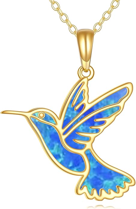 GEHN Hummingbird Necklace 14K Solid Gold Opal Hummingbird Pendant Necklace Hummingbird Jewelry Bird Gifts for Women Lover