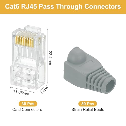 MECCANIXITY 30pcs Cat6 RJ45 Pass Through Connectors, RJ45 Connector 8P8C Gold Plated Plugs with 30pcs Dark Grey Strain Relief Boots for Solid or Stranded UTP Ethernet Cable, 1.1mm