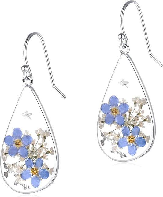 Forget-Me-Not and Queen Anne's Lace Pressed Wildflower Earrings | Pressed Flower Earrings | Handmade Drop and Dangle Earrings | Gift for Woman