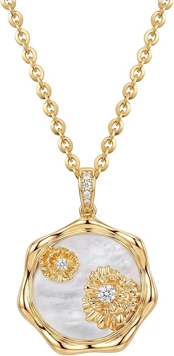 MEVECCO Birth Flower Necklace For Women 18k Gold Plated Mother Of Pearl Disc Floral Pendant Necklace Dainty 12 Birth Month Flower Handmade Personalized Jewelry Anniversary Christmas Birthday Gifts