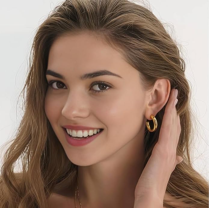 12 Pairs Chunky Gold Hoop Earrings for Women Trendy, Gold Plated Lightweight Hypoallergenic Stack, Thick Open Twisted Huggie Hoops Earring Set