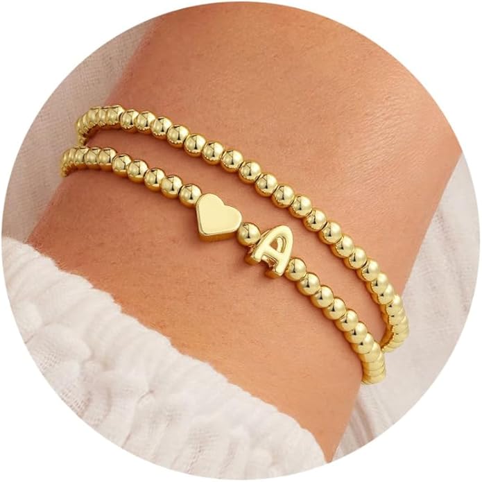 Ursteel Valentines Day Gifts for Her Women - Dainty 14K Gold Plated Beaded Bracelets for Women Trendy Letter A-Z Heart Jewelry Personalized Gifts