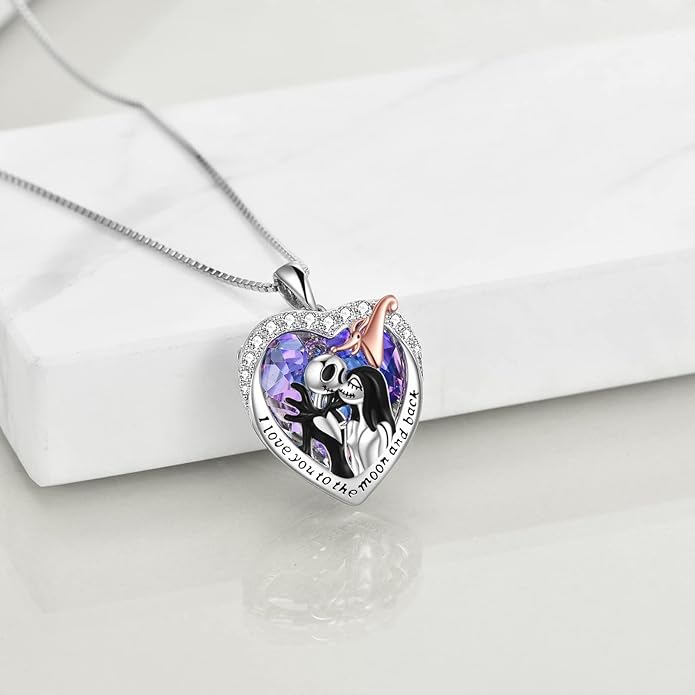 LILALO Nightmare Necklace Sterling Silver Abalone Shell Crystal Jack and Sally Necklace Jack Skellington Skull Jewelry Skull Necklaces for Women