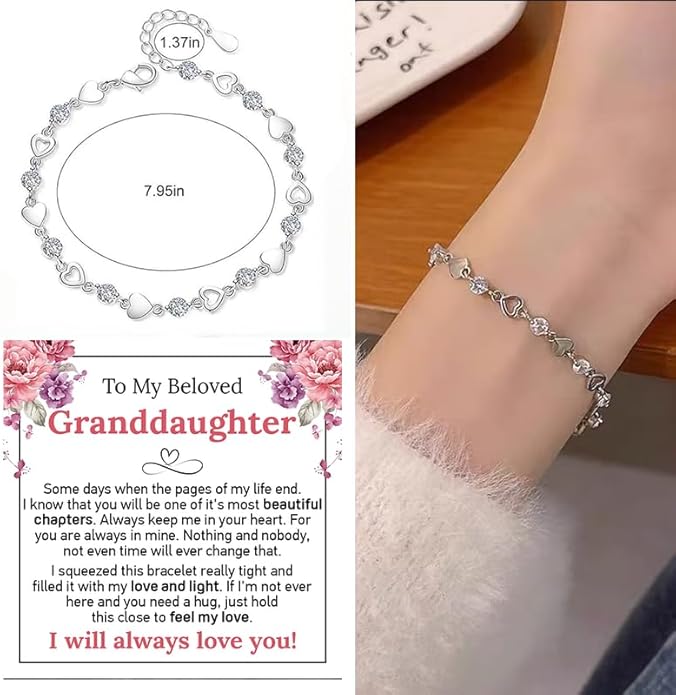 To My Granddaughter Bracelet from Grandma and Grandpa, Heart Chain Bracelet with Shiny Stones, Perfect Birthday or Graduation Christmas Gift for Granddaughter with Message Card and Gift Box