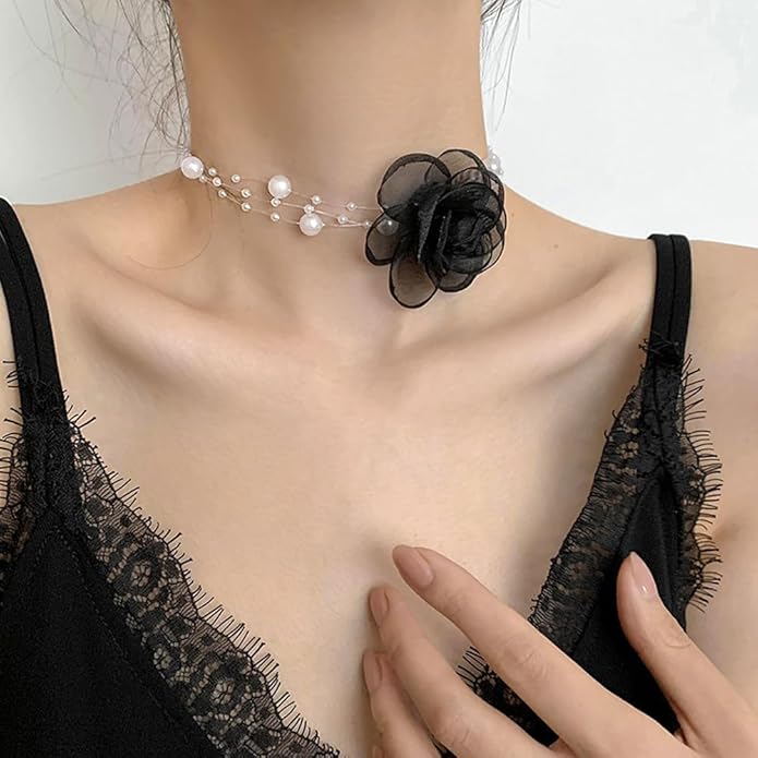 Boho Flower Pearl Choker Necklace for Floral Choker,Women Dainty Pearl Beaded Chain Collar Necklace Flower Necklace for Women Trendy Jewelry