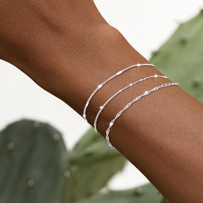 DEARMAY Dainty Silver Plated Bracelets for Women Trendy, Silver Jewelry Set for Women Bracelets for Women Paperclip Box Herringbone Figaro Rope Chain Bracelet Fashion Pack Gifts for Women