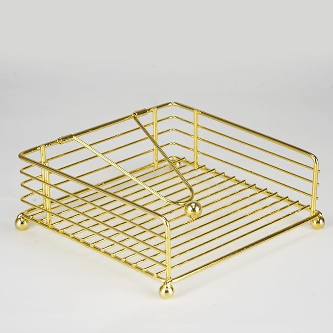 Napkin Holder for Table, Flat Napkin Dispenser with Weighted Arm, Square Cocktail Paper Holder of Elegant Rustic Iron for Kitchen Dining Room Decor Restaurant Farmhouse Hotel Party, Gold