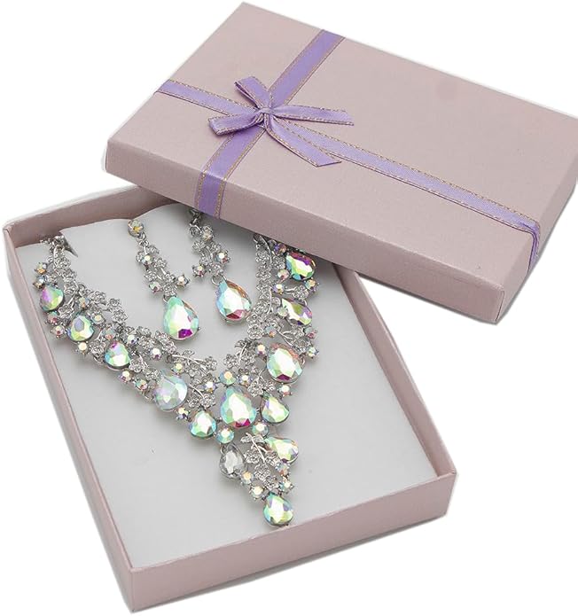 Bridal Bridesmaid Austrian Crystal Jewelry Set, Floarl rhinestone Statement Neckace Teardrop Necklace Drop Dangle Earrings Set