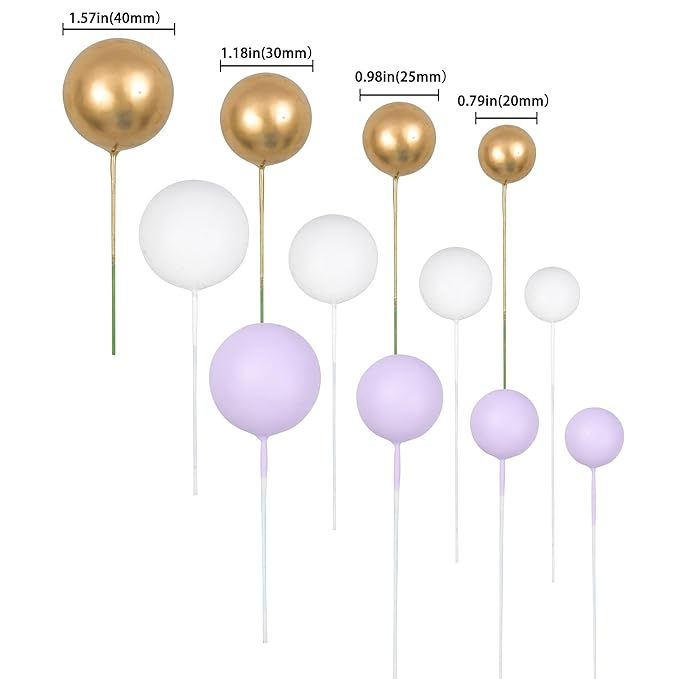 Gyufise 30Pcs Ball Cake Topper Ball Cake Picks Colorful Pearl Ball Shaped Cupcake Insert Cake Topper for Babyshower Birthday Party Favors Wedding Decoration Supplies Purple White Gold