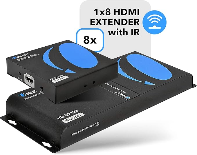 OREI 1080P 1x8 HDMI over Ethernet Extender Splitter CAT6/7 Over Cable Full HD with IR Remote EDID Management - Up to 400 Ft - Low Latency - Full Support, 1x8 upto 395 FT (HD-EX108)