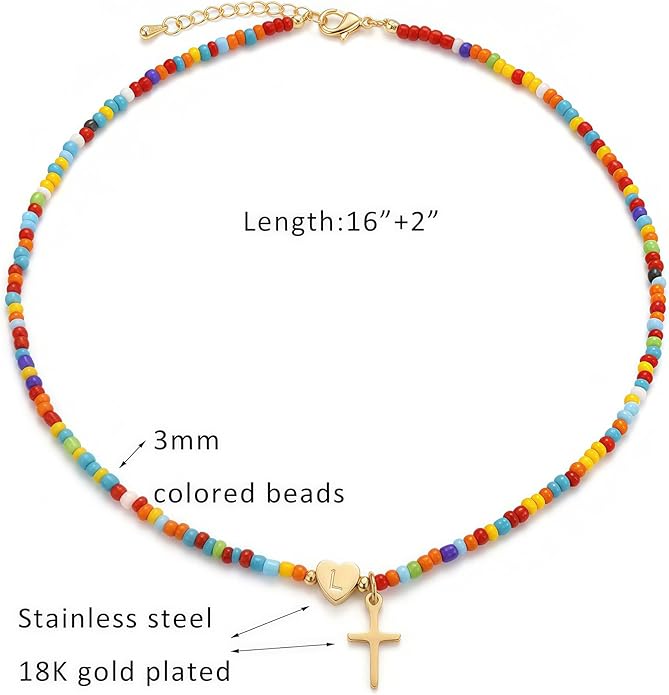 Colorful Initial Cross Necklace for Girls Women Kids - Teen Girls Gifts Trendy Stuff Beaded Letter Cross Choker Necklace for Girls Gifts Jewelry