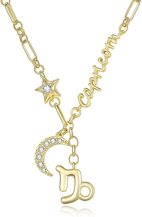 14K Gold/Rose Gold Zodiac Necklace for Women - Horoscope Constellation Pendant with Moon and Star, Luxury Birthday Gifts Jewelry for Her (12 Zodiac Signs)